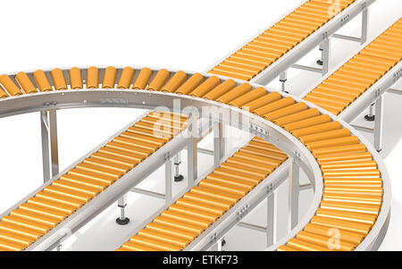 Gruppo astratto di acciaio e arancione trasportatori industriali in varie direzioni. Foto Stock