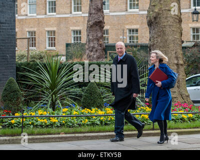 Chris temolo, Lord Cancelliere e segretario di Stato per la giustizia e Liz Truss, Segretario di Stato per l'ambiente, l'alimentazione e gli affari rurali che arrivano a una riunione del gabinetto in 10 Downing Street con: Chris temolo e Liz Truss quando: 10 Mar 2015 Credit: Pietro Maclaine/WENN.com Foto Stock