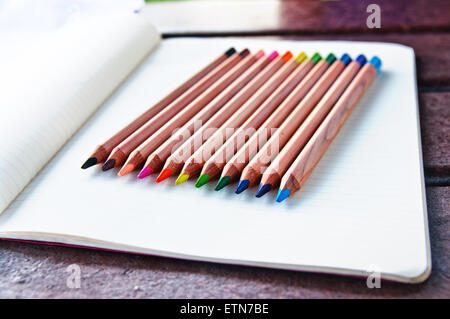 Matite colorate allineate in una fila in una pagina vuota in un notebook Foto Stock