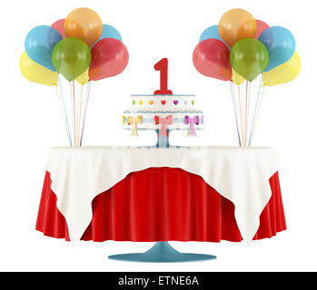 Festa di compleanno con tavola rotonda con torta ,dono e palloncino isolato su bianco - 3D Rendering Foto Stock