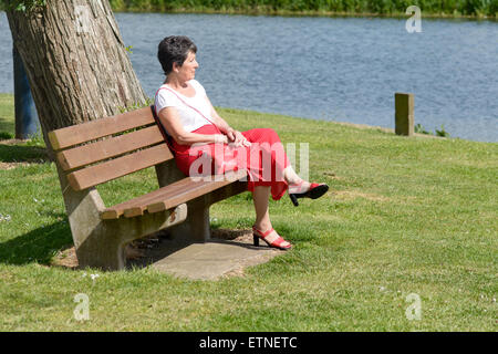 Signora seduti sulla panca sulla giornata di sole oltre il fiume Ouse , grande Barford, Bedfordshire, Inghilterra Foto Stock