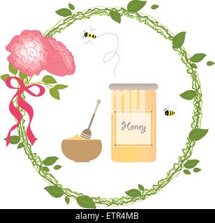 Romantico ghirlanda di fiori di rose Bio Honey Bee Gold illustrazione vettoriale Illustrazione Vettoriale