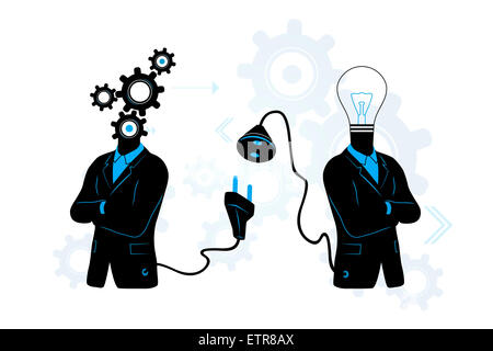 Concetto di ricerca / il collegamento all'idea. Imprenditore con gli ingranaggi (pensare simbolo) il collegamento a un altro con la lampadina (IDEA). Foto Stock