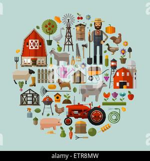 Fattoria nel villaggio. Un insieme di elementi - casa, granaio, animali, trattore, fiori, frutta e verdura Illustrazione Vettoriale