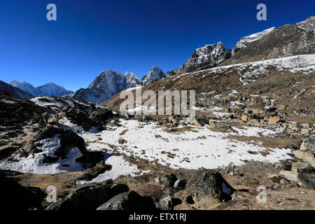 Il Lobuche Pass, campo base Everest trek, Sito Patrimonio Mondiale dell'UNESCO, il Parco Nazionale di Sagarmatha, Solu-Khum Foto Stock