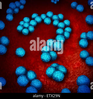 Infezione Superbug domande come resistenti di batteri o di MRSA delle cure mediche concetto e la resistenza agli agenti antimicrobici per la salute simbolo di rischio come un tridimensionale di illustrazione del batterio infezione all'interno sagomato come un punto interrogativo. Foto Stock