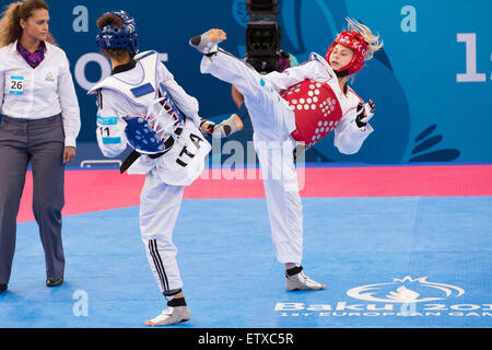 Baku in Azerbaijan. 16 Giugno, 2015. Baku 2015 European Games: Taekwondo, femminile, 49 kg. Baku Crystall Hall - 2. Charlie Maddock (Gran Bretagna) vs. Nicoli Erica (Italia). Charlie Maddock vince con il risultato finale 17-3. Credito: Elmar Mustafayev/Alamy Live News Foto Stock