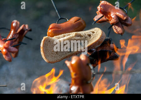 Salsiccia sul bastone sopra il fuoco, pane falò per le feste Foto Stock
