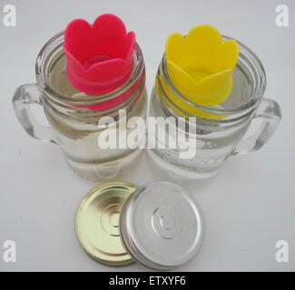 Il tea maker in un vaso di acqua su un fondo bianco . Foto Stock