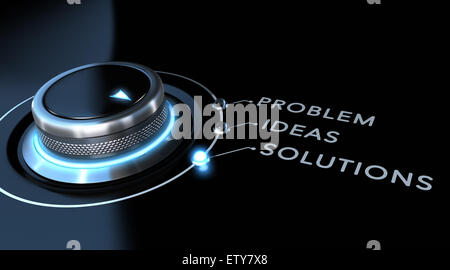 Soluzione switch posizionato sulla parola soluzioni su nero e sfondo blu. Concetto di problem solving. Foto Stock