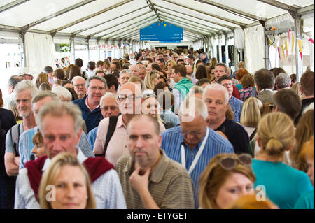 La folla di visitatori in arrivo e in partenza da Tata tenda a Hay Festival 2015 Foto Stock