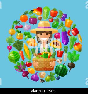 Il cibo fresco. Frutta e verdura set di icone. contadina con un cestello nelle sue mani Illustrazione Vettoriale