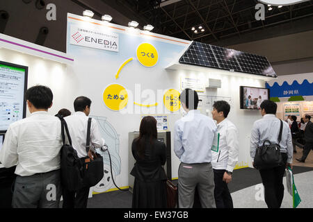 Tokyo, Giappone. 17 Giugno, 2015. I visitatori guardano ad un pannello solare di Mitsubishi Electric Company a Smart Community Giappone 2015 in mostra a Tokyo Big Sight il 17 giugno 2015, Tokyo, Giappone. La mostra promuove sia nazionali che estere tecnologie di nuova generazione. L'ultimo anno 39,879 visitatori partecipare alla EXPO durante tre giorni. Quest'anno 233 le imprese e le organizzazioni saranno in grado di mostrare i loro prodotti dal giugno del xvii e xix secolo. Credito: Rodrigo Reyes Marin/AFLO/Alamy Live News Foto Stock