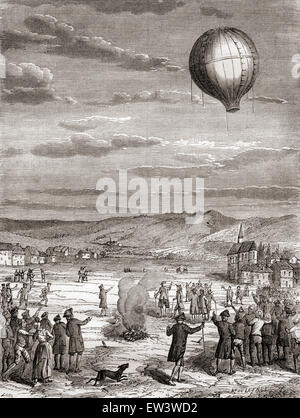 La prima dimostrazione pubblica a Annonay, Ardèche, Francia dai fratelli Montgolfier, della loro mongolfiera, 5 giugno 1783. Foto Stock