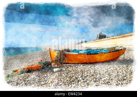 Orange barche da pesca sulla Chesil Beach a Portland vicino a Weymouth su Jurassic Coast di Dorset Foto Stock