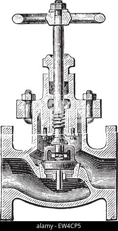 Valvola a globo; vista vintage illustrazioni incise. Enciclopedia industriale E.-O. Lami - 1875. Illustrazione Vettoriale