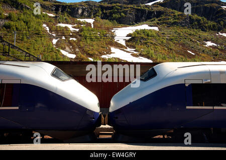 Il naso anteriore di due treni europei nelle montagne della Norvegia tra Oslo e Bergen. Foto Stock