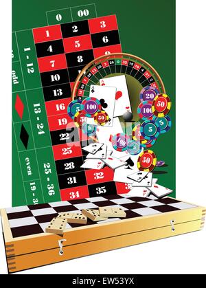 Tavolo di roulette del casinò, elementi e scacchiera Illustrazione Vettoriale