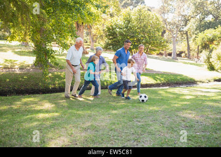 La famiglia felice a giocare a palla Foto Stock