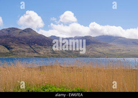 Vista sud sul Loch na Keal al cloud coperto ben più montagna. Isle of Mull Ebridi Interne Western Isles della Scozia UK Gran Bretagna Foto Stock