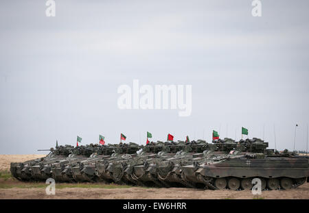 Sagan, Polonia. Il 18 giugno, 2015. Il tedesco Marder serbatoi sono raffigurate durante il primo "Nobili Jump' manovre a seguito del reimpiego delle truppe NATO su un addestramento militare in terra vicino Sagan, Polonia, 18 giugno 2015. La NATO molto alta disponibilità Joint Task Forc Foto Stock