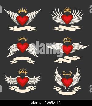 Cuore con ali set. Il simbolo del cuore di raccolta con nastro per il tuo testo. Isolato su sfondo scuro. Illustrazione Vettoriale