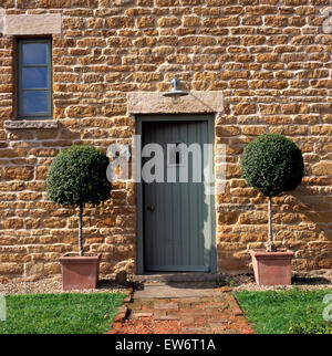 Tagliate le piante di alloro in vasi su entrambi i lati del dipinto di sportello anteriore nella piccola casa di pietra Foto Stock