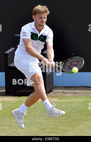 Hertogenbosch, Paesi Bassi. 14 Giugno, 2015. ATP Topshelf mens singles tennis finale. Nicolas MAHUT versus David Goffin. David Goffin (BEL) restituisce servizio © Azione Sport Plus/Alamy Live News Foto Stock