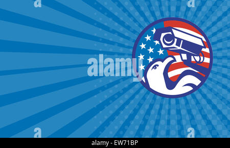 Business card mostra illustrazione di un american aquila calva con sorveglianza videocamera di sicurezza con stelle e strisce flag impostato i Foto Stock