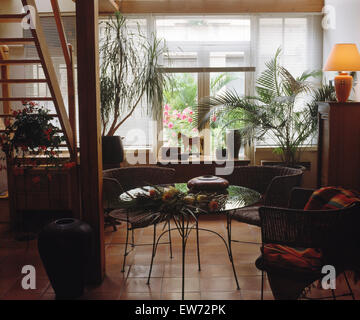 Tall houseplants in sala da pranzo Francese con cornice in metallo sedie di vimini Foto Stock