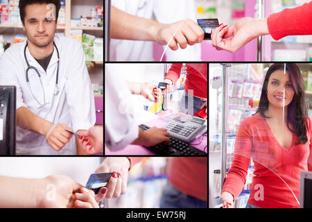 Collage con il cliente il pagamento in farmacia. Il pagamento per i servizi sanitari. Azienda del settore sanitario Foto Stock