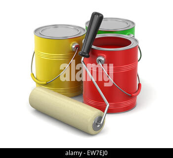 Rullo di vernice e lattine di vernice (percorso di clipping incluso) Foto Stock