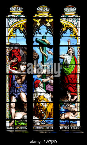 Norwich, Norfolk, Inghilterra. Norwich Cathedral (1096-1145) dettagli dalla finestra Occidentale che mostra Mosè con il serpente (1854) Foto Stock