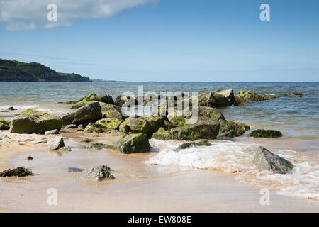 Scogliera rocciosa sulla spiaggia a Bennlech Anglesey North Wales Foto Stock