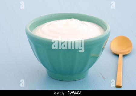 Deliziosi e nutrienti e sani e freschi plain yogurt greco antico sulla tavola di legno Foto Stock