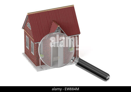 Immobiliare di concetto con lente di ingrandimento isolati su sfondo bianco Foto Stock
