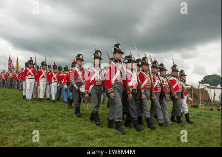 I Lions Mound, Waterloo, Belgio. Xx Giugno, 2015. Wellington la grande alleato esercito rievocazione assembla sul campo di battaglia per la mattina con un memoriale di servizio durante la Waterloo 200 centenario evento. Credito: Malcolm Park editoriale/Alamy Live News Foto Stock