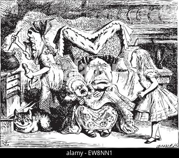 Alice nel Paese delle Meraviglie.Cook, Duchessa, Cheshire cat, Baby, e Alice. La duchessa è seduta su una a tre gambe sgabello in mezzo, nurs Illustrazione Vettoriale