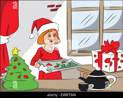 Illustrazione Vettoriale di donna felice con biscotti di Natale sul vassoio, bollitore per il tè e l'albero di natale in primo piano. Illustrazione Vettoriale