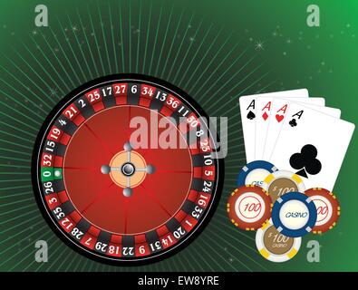 Casinò, Roulette, Casino chip, e quattro schede Aces, illustrazione vettoriale Illustrazione Vettoriale