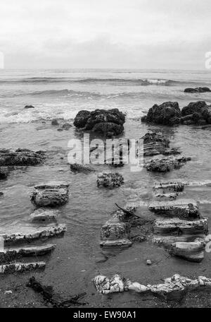 Le rocce in spiaggia durante la bassa marea. In bianco e nero. Foto Stock