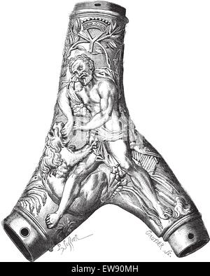 Dettagliata polvere di cervo corno, utilizzato per trasportare la polvere da sparo, vintage illustrazioni incise. Magasin pittoresco 1874. Illustrazione Vettoriale