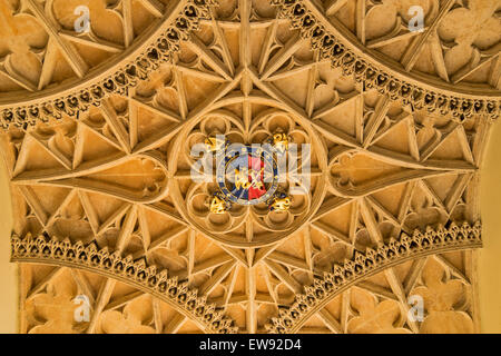 La città di Oxford il Corpus Christi College L'ingresso e la decorazione del soffitto con stemma Foto Stock