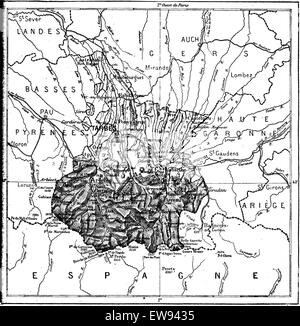 Dipartimento dell'Hautes-Pyrenees, vintage illustrazioni incise. Dizionario di parole e le cose - Larive e Fleury - 1895. Illustrazione Vettoriale