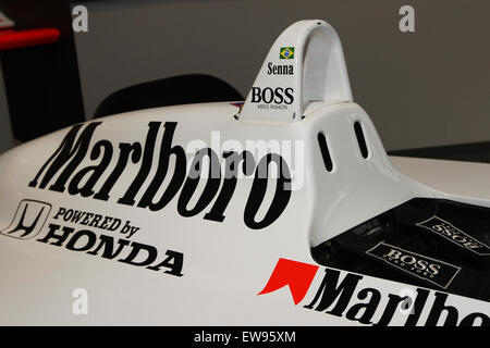 La copertura del motore della McLaren MP4-4, esposta presso la Honda Collection Hall, rappresenta le innovazioni tecnologiche che hanno reso questa vettura di F1 uno dei più riusciti della storia. Foto Stock
