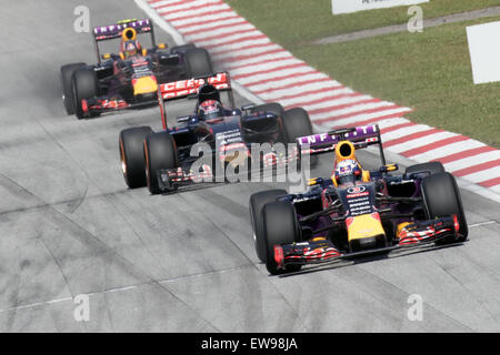 I piloti della Red Bull Racing, tra cui Max Verstappen, gareggiano nel Gran Premio della Malesia 2015. L'immagine cattura il team in azione durante un momento cruciale della gara, evidenziando le sue prestazioni e la sua strategia durante la stagione. Foto Stock