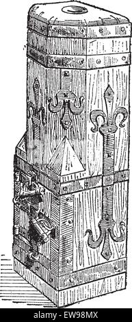 Il XIV secolo cassa di legno trovato presso la Cattedrale di Friburgo in Germania, vintage illustrazioni incise. Dizionario di parole e Illustrazione Vettoriale