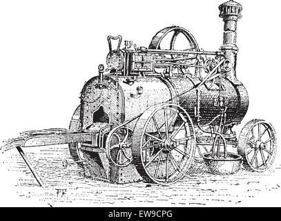 Agricola del motore di trazione, mostrato essendo utilizzata per bruciare la paglia, vintage illustrazioni incise. Dizionario di parole e le cose - La Illustrazione Vettoriale