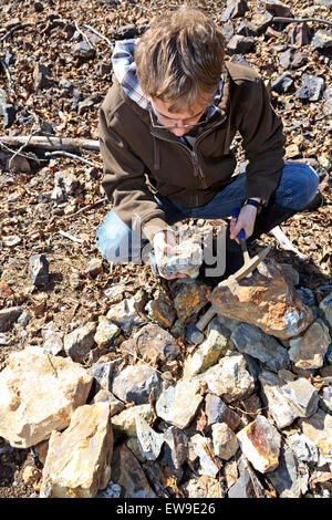 Giovani prospector prospezione dei minerali, Smithers, British Columbia Foto Stock