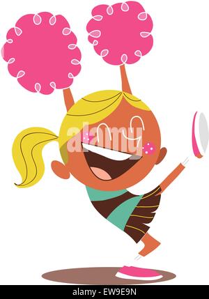 Yound bionda illustrazione di un sorridente cheerleader e rasserenanti, con una gamba in aria. Guarda eccitato. Illustrazione Vettoriale